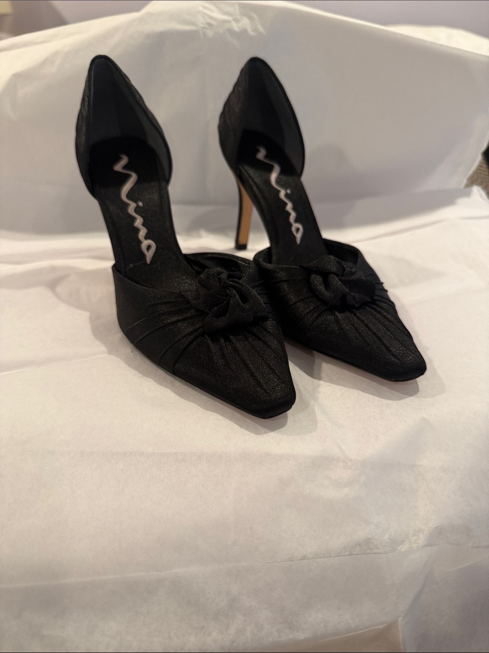 Nina Black Pointed-Toe D'Orsay Heels with Knot Detail